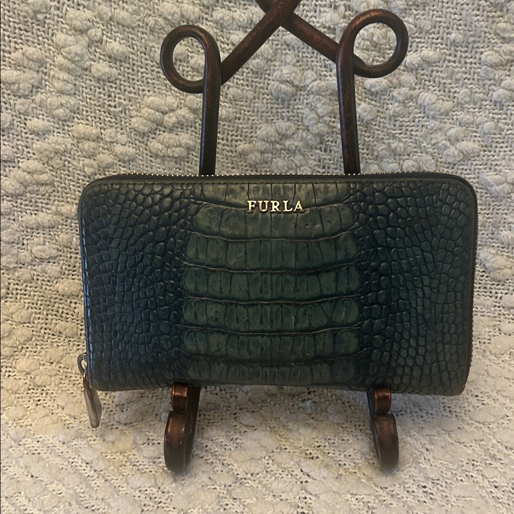 Furla Croc Embossed Teal Leather Full Zip Wallet